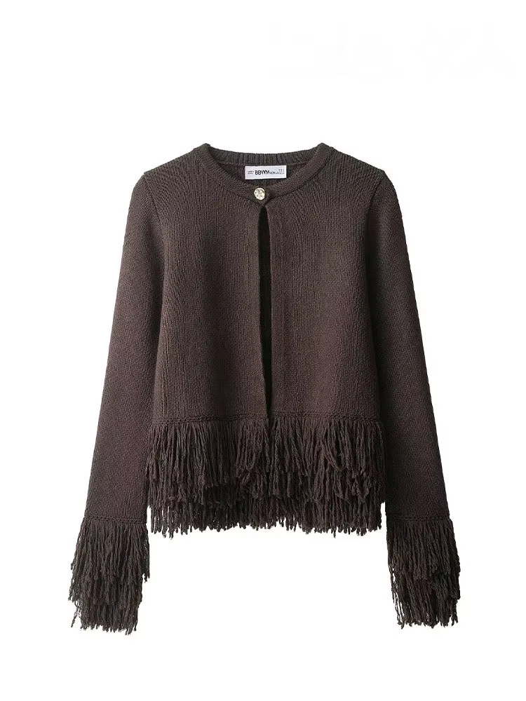 HH femmes mode automne pull manteaux solide col rond manches longues gland décoration bouton femme décontracté lâche Cardigans