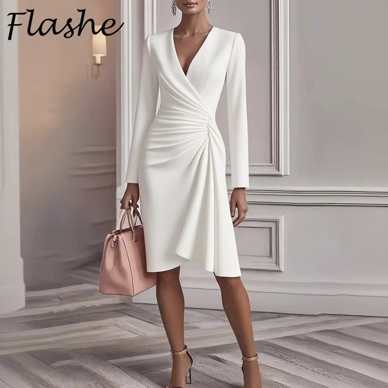 Robe mi-longue élégante à col en V pour femmes, mode, manches longues, taille haute, couleur unie, tenue de bureau, mode automne, robe de soirée