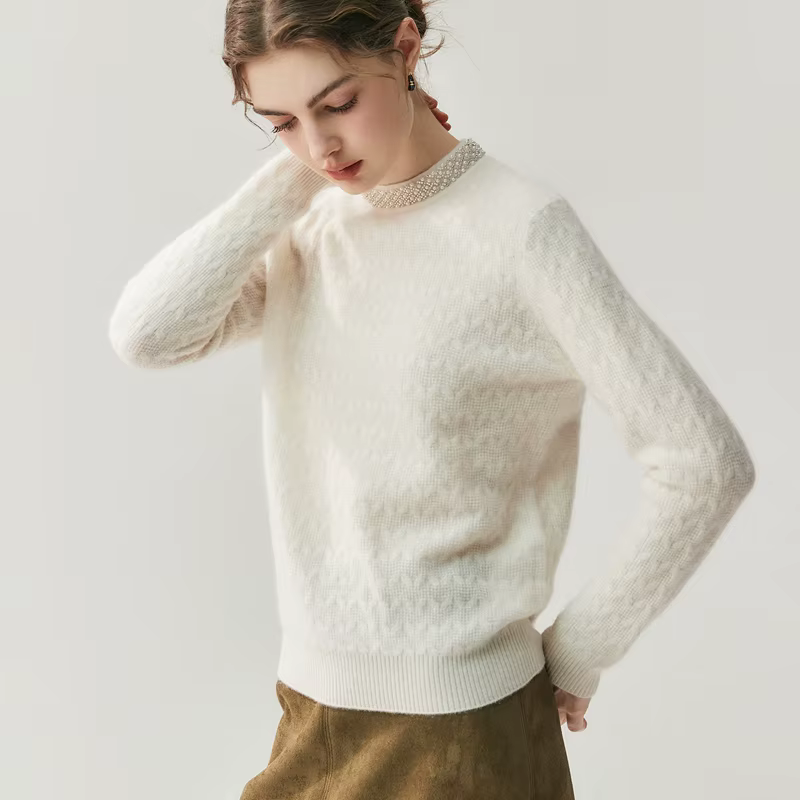 ANGEL femmes 100% pull en cachemire automne hiver col rond pulls perles conception grâce Style