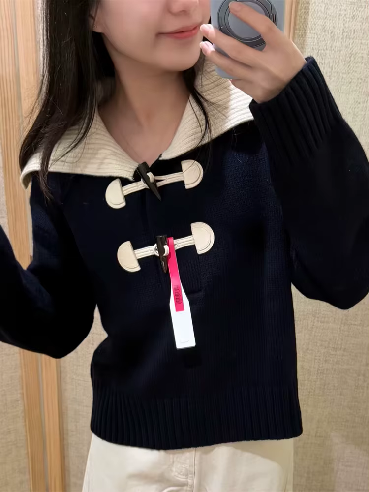 Pull tricoté en laine pour femmes, couleur contrastée, col marin, manches longues, boucle en corne, court, haut en tricot