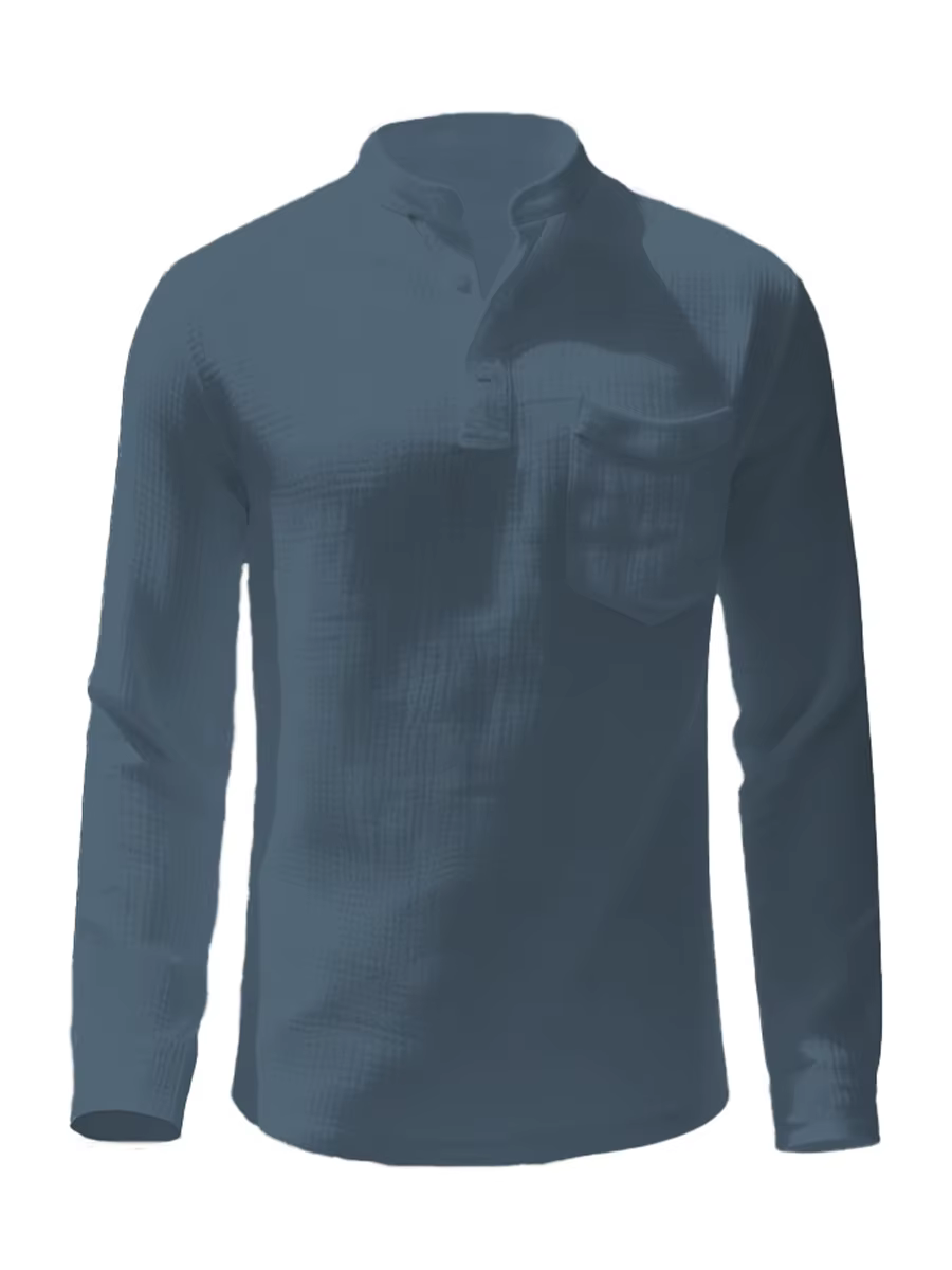 Chemise décontractée pour homme à col montant, manches longues, boutonnée