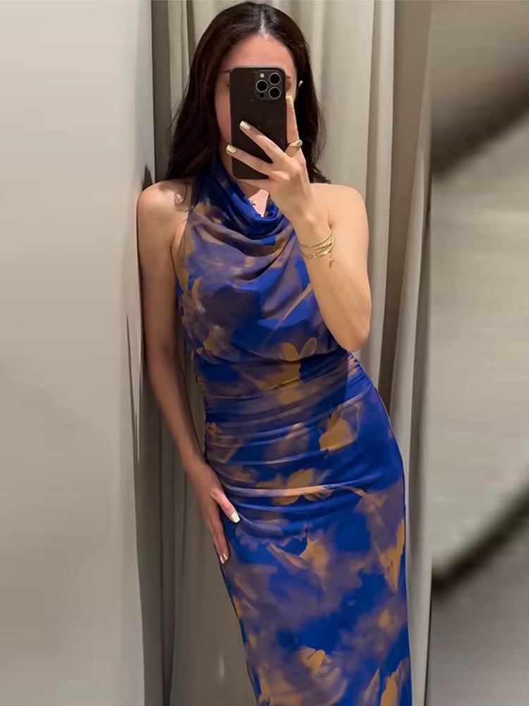 Robe longue imprimée licou pour femmes, col suspendu, Sexy, dos nu, coupe cintrée, fente plissée, Robes de vacances, taille cintrée