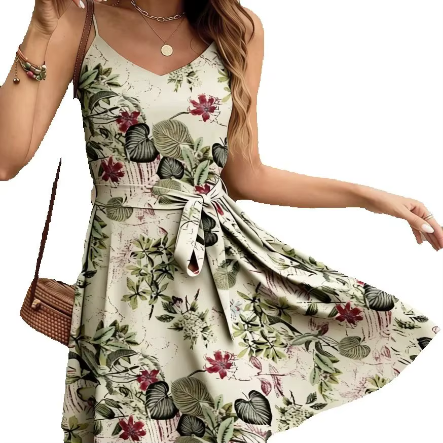 Robe élégante sans bretelles pour femme, col en V, imprimé floral, avec taille froncée.