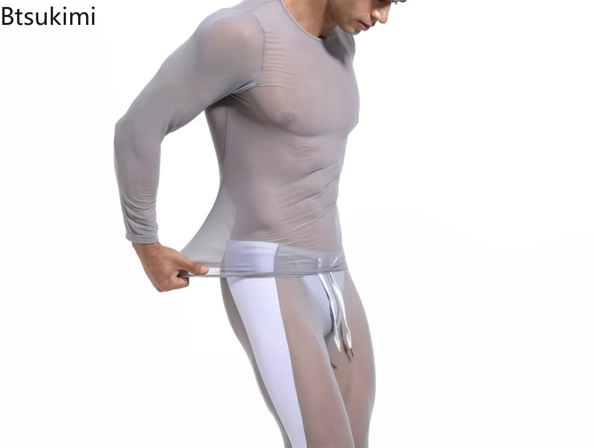 T-shirts sexy en maille pour hommes 2026 – Hauts transparents à manches longues très élastiques – T-shirts de compression pour le sport et le fitness – Tenue de gym transparente