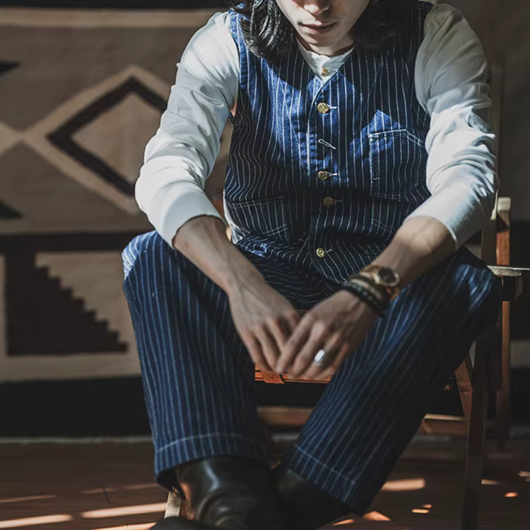 Gilet de travail vintage américain pour homme, 12 oz, 100 % coton lavé, style Amekaji, imprimé à rayures à pois Wabash