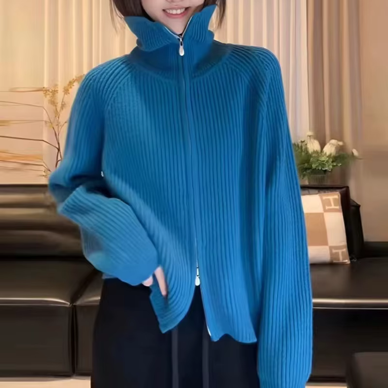 Pulls en tricot pour femmes, cardigan à col rabattu avec fermeture éclair, pull épais et chaud uni, pull décontracté à manches longues pour l'automne et l'hiver.