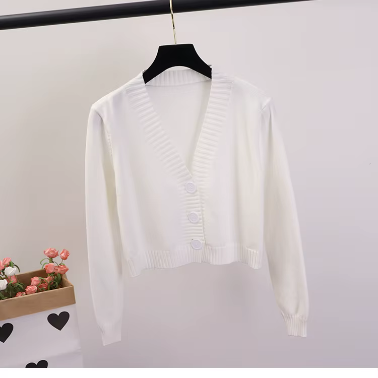 Cardigan court à col en V pour femmes, noir, blanc, simple boutonnage, GD153
