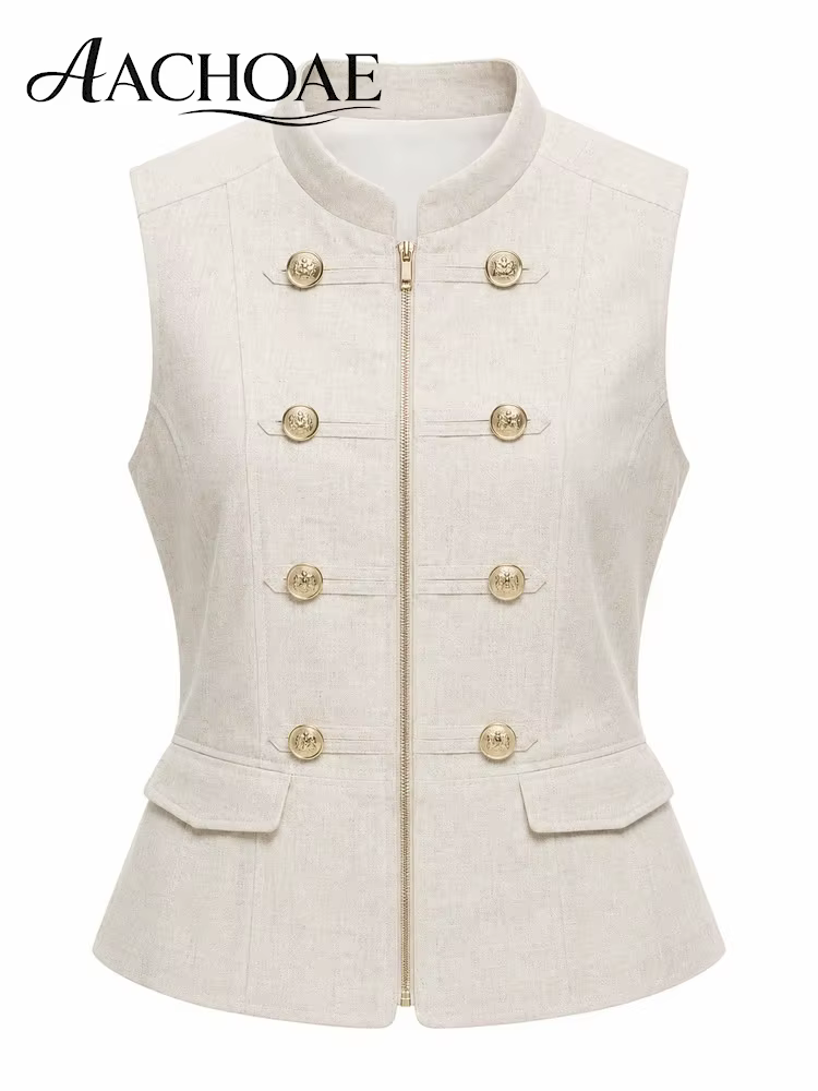 AACHOAE – gilet sans manches en mélange de lin pour femmes