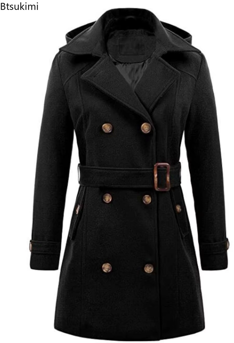 Vestes à capuche mi-longues pour femme, pardessus à Double boutonnage, revers en laine, col rabattu, veste chaude d'hiver, Streetwear