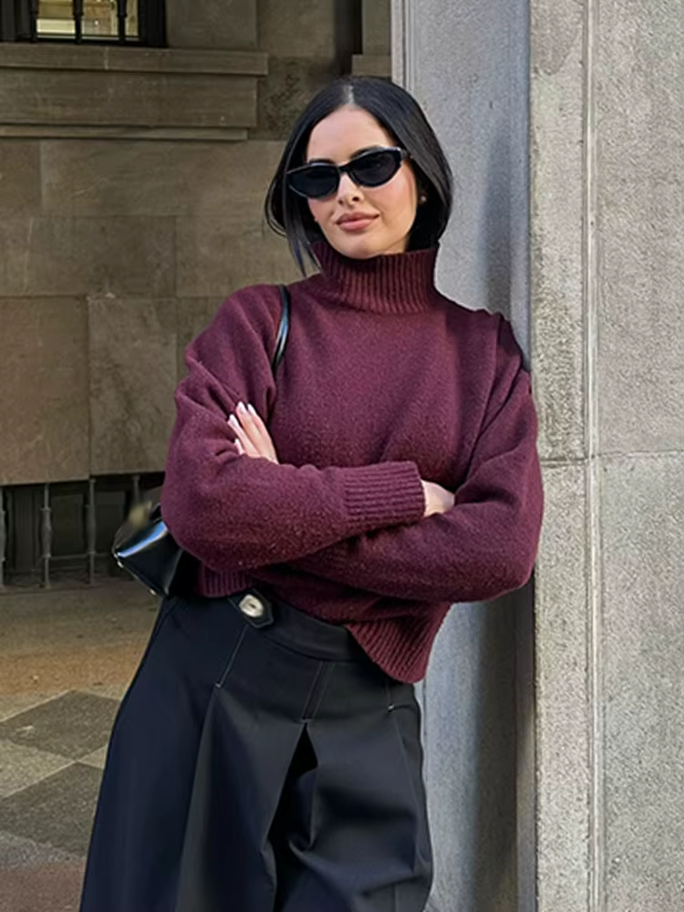 HH femmes hiver nouvelle mode polyvalent doux col montant pull femme haute rue décontracté à manches longues 3 couleurs