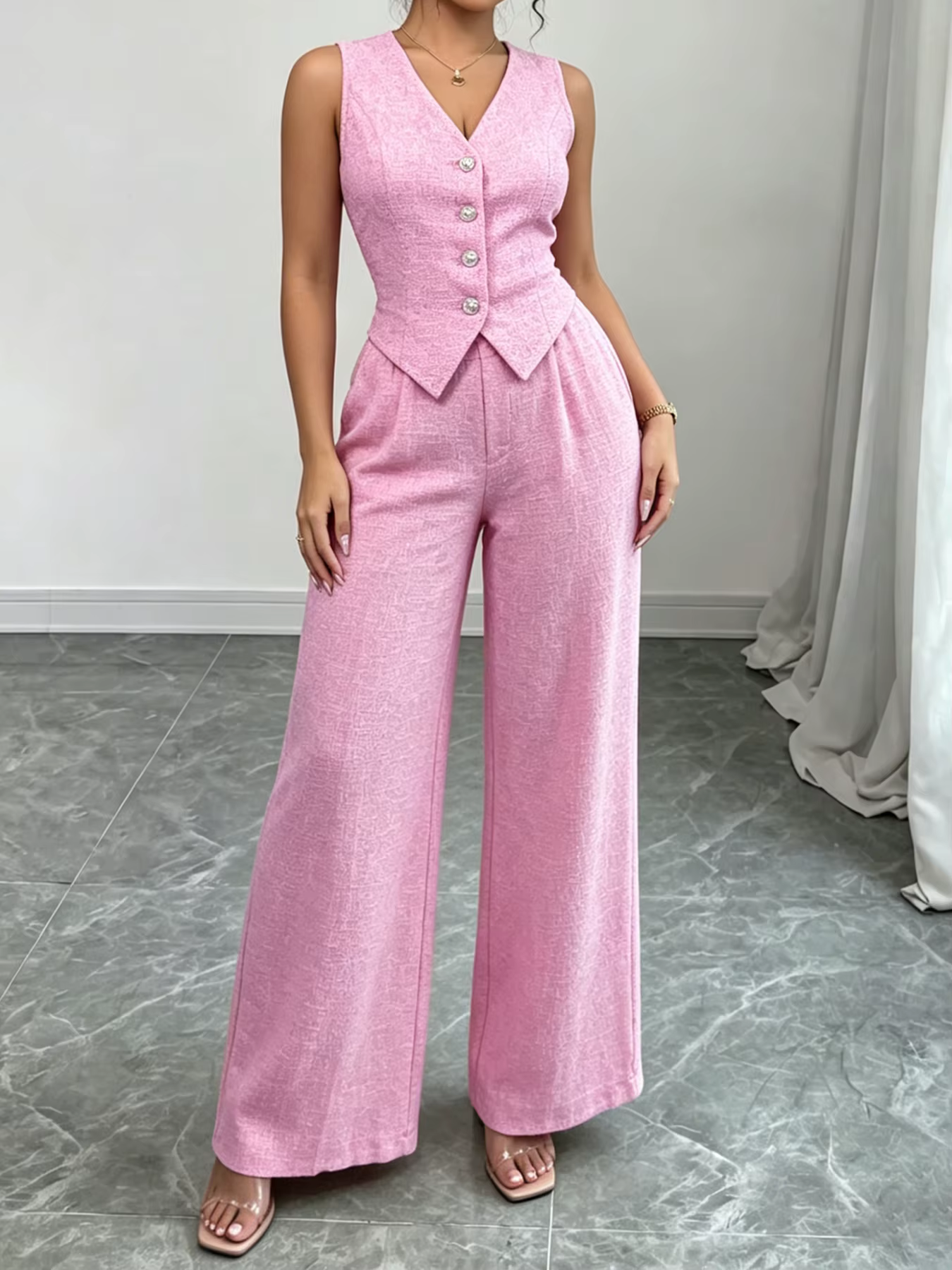 Ensemble chic pour femme : gilet rose sans manches à col en V boutonné et pantalon large taille haute en tweed – Idéal