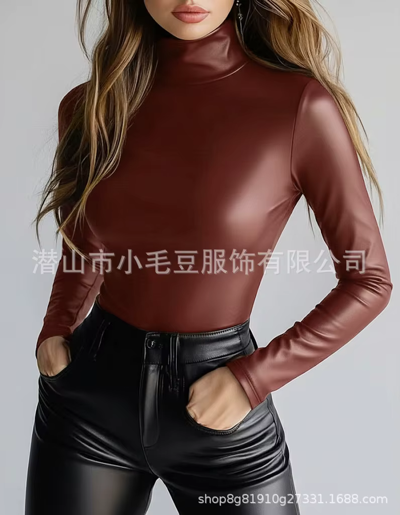 Blouse Femme Col Roulé en Similicuir Manches Longues Coupe Ajustée Couleur Unie – Hauts T-shirt