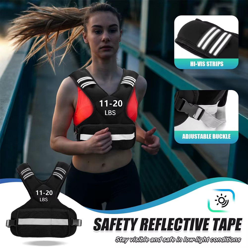 1 gilet lesté réglable, gilet d'équitation de 11 à 20 lb pour femmes et hommes avec 6 poids et grande poche, gilet de poids pour la course à pied, la marche