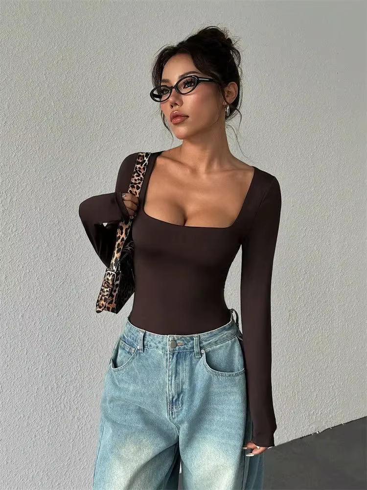 Body basique à manches longues et col carré pour femme, chemisier, Sexy, Slim, couleur unie, Streetwear, Y2K, automne hiver