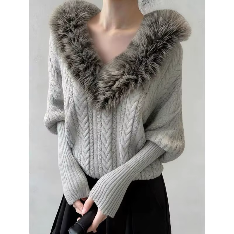 Pull tricoté rétro à grand col en v pour femmes