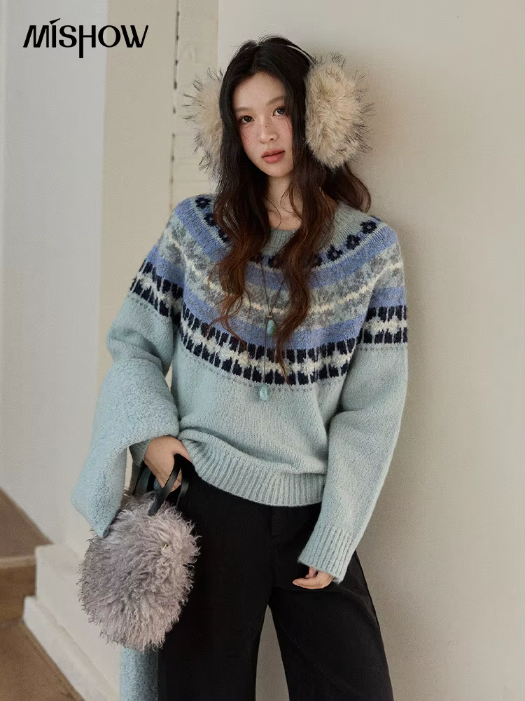 MISHOW femmes bleu Fair Isle pull 2025 hiver géométrique Jacquard ample rétro laine mélange tricot pulls MXE87Z2767