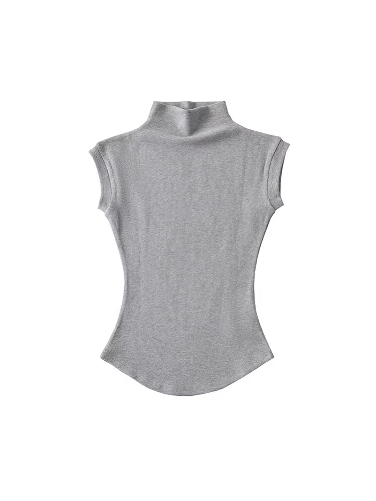 Femmes été Sexy col roulé sans manches T-Shirts hauts solide coupe ajustée pulls
