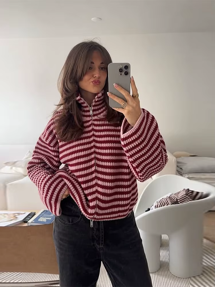 Cardigan en tricot à panneaux avec fermeture éclair pour femmes
