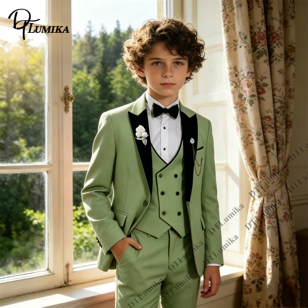 Costume 3 pièces vert sauge pour garçons, veste à revers en velours, gilet et pantalon, tenue de pageboy pour tout-petits, tailles 3T-14T, pour mariage, anniversaire, remise de diplôme