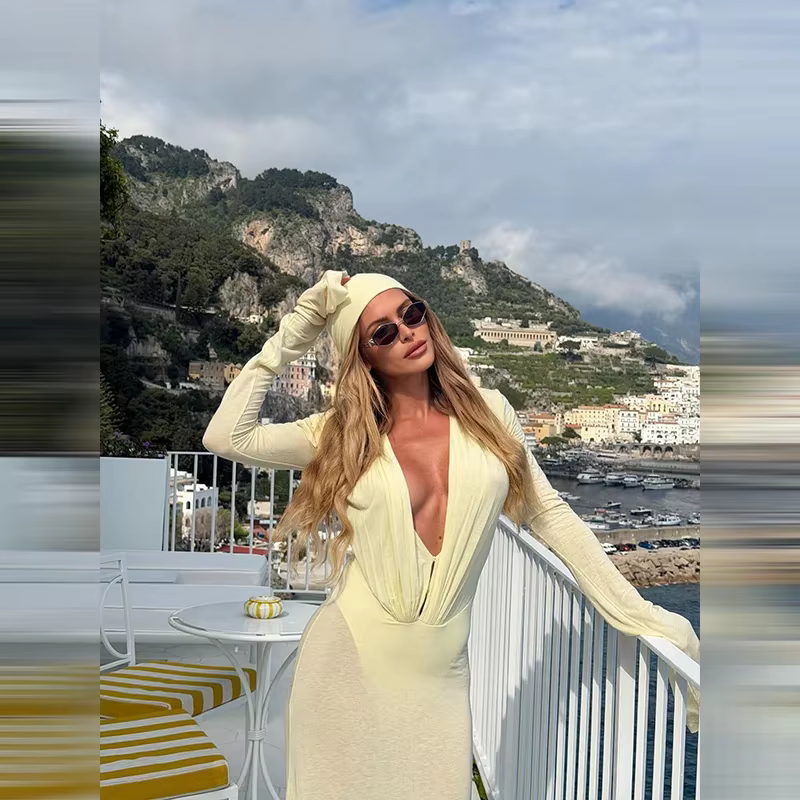 Robe longue sexy en maille transparente à manches longues pour femme, col en V profond, robe de soirée élégante, froncée, coupe ajustée, pour club et plage