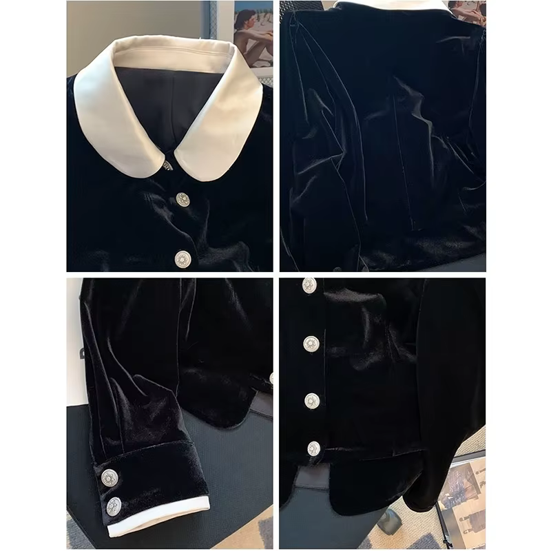 Manteau à col en velours noir pour femme, chemise à haut sens, nouvelle mode printemps, vêtements d'extérieur pour dames, 2026