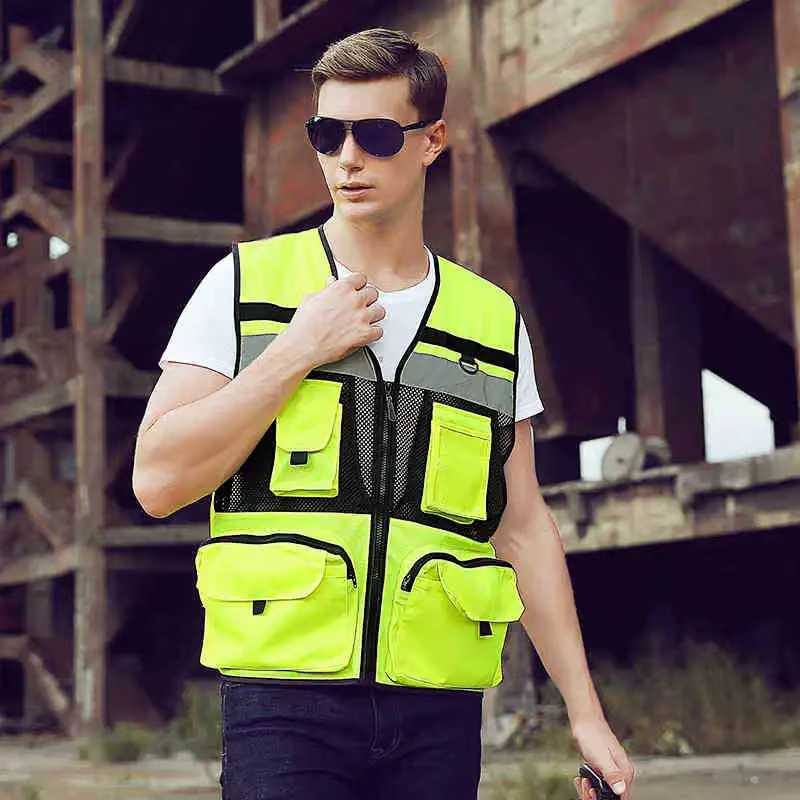 Gilet de sécurité personnalisé avec logo, poches à outils, respirant, haute visibilité, en maille, vêtements de travail