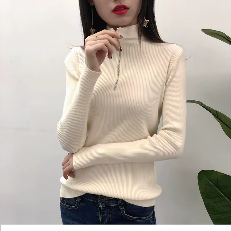 Pull acrylique et coton décontracté pour femmes automne hiver, fermeture éclair, haute élasticité, col mi-haut, élégant et confortable pour les jeunes femmes ```