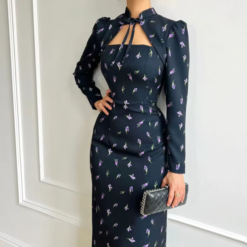 Robe à manches longues pour femmes, automne, bureau français, imprimé, col montant, Corset, fente fine, moulante, Robe longue, Club, Robe serrée