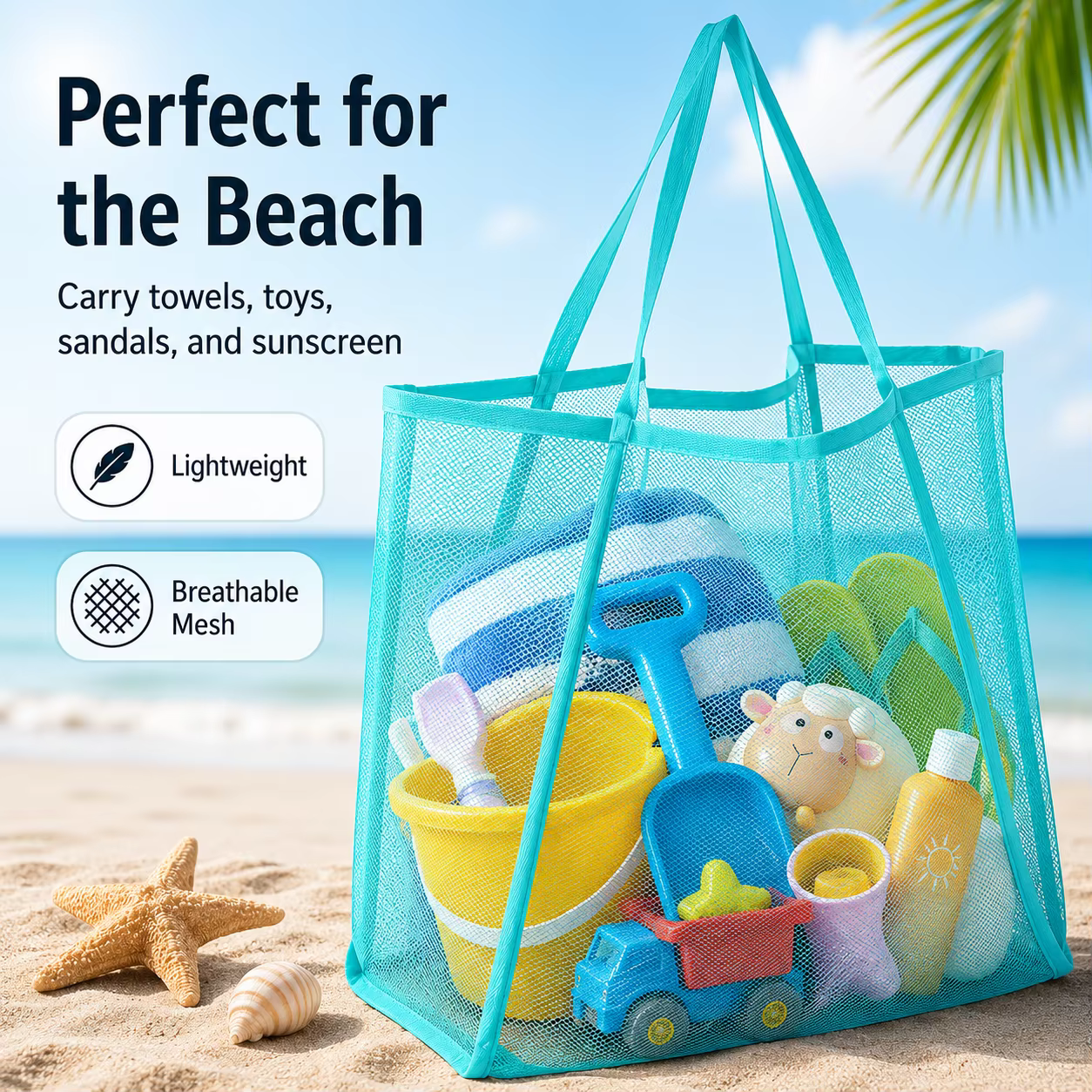 Sac fourre-tout en maille grande capacité, pliable, léger, sac de courses en maille, sac de rangement pour jouets de plage, sac à bandoulière en filet, en nylon durable, 30x24x33cm