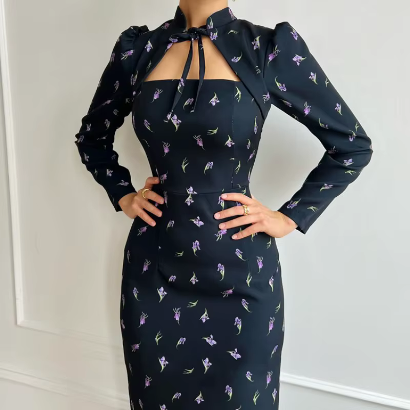 Robe à manches longues pour femmes, automne, bureau français, imprimé, col montant, Corset, fente fine, moulante, Robe longue, Club, Robe serrée