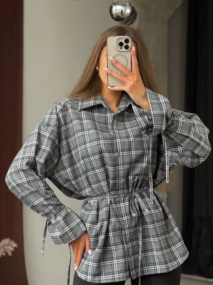 Chemisier ample à carreaux pour femme, manches longues, avec cordon de serrage, simple boutonnage, style vintage, décontracté, pour le printemps
