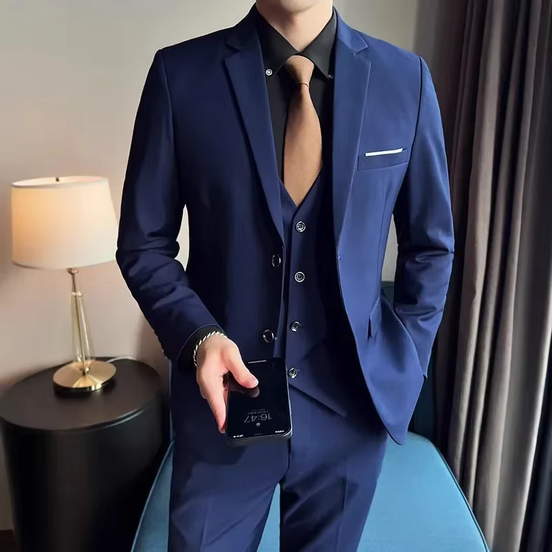 Costume (Blazer + gilet + pantalon) pour hommes, à la mode, pour hommes d'affaires, Style britannique, couleur unie, hôte de Banquet, costume de mariage décontracté