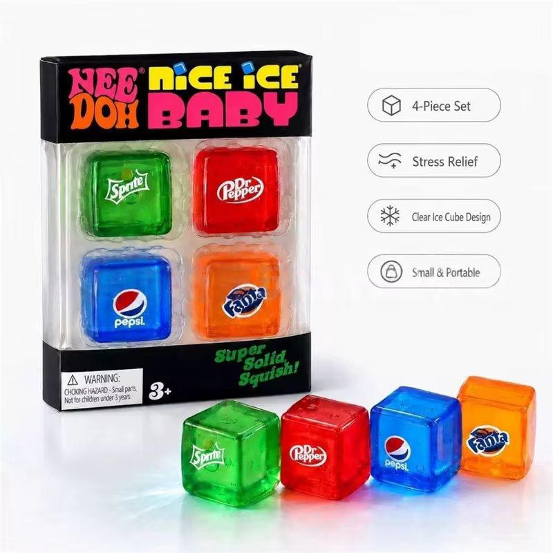 Needoh Nice Ice Mini 4 Pack Cube de canette de boisson cola, jouet anti-stress non toxique à récupération lente, pour soulager l'anxiété, portable et de poche