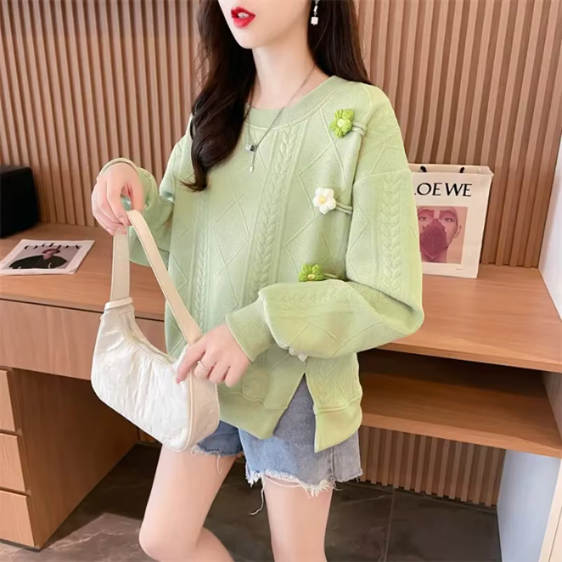 Pull en tricot à fleurs vert clair pour femmes
