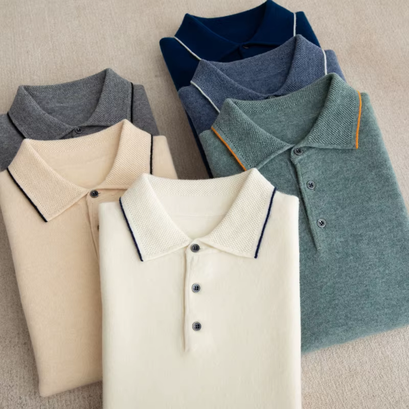 Nouveau pull en laine mérinos 100% pour homme, à col revers et manches courtes, tricoté, décontracté et professionnel, pour l'été