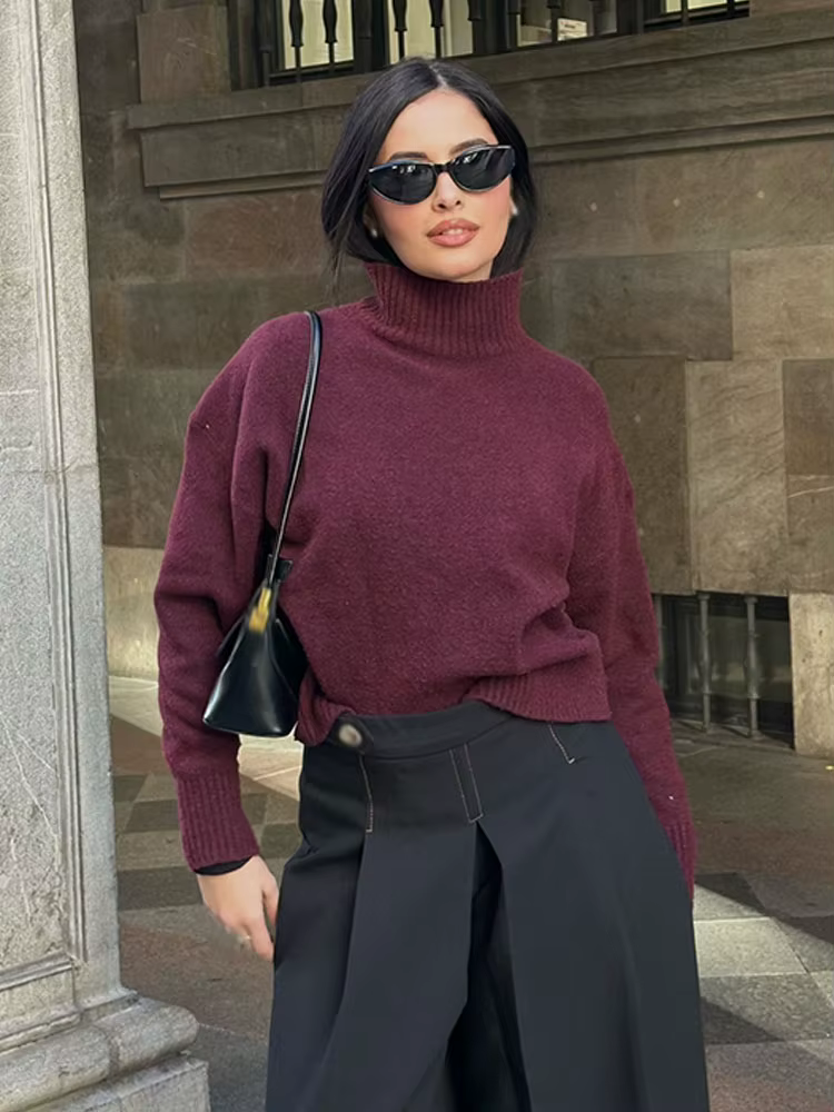HH femmes hiver nouvelle mode polyvalent doux col montant pull femme haute rue décontracté à manches longues 3 couleurs