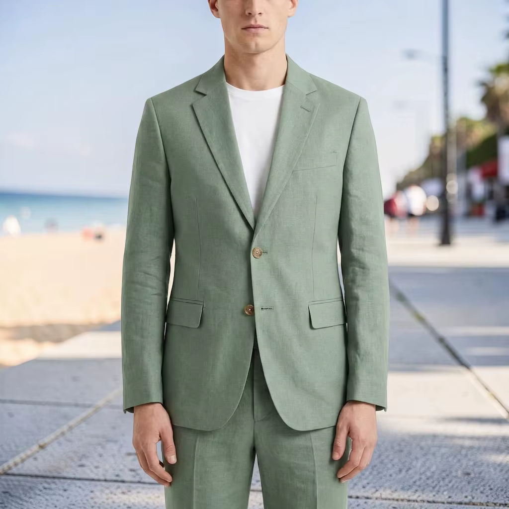Costume homme en lin vert sauge pour bal de promo, 2 pièces, coupe ajustée, costume de mariage, veste à revers cranté avec pantalon, ensemble plage été