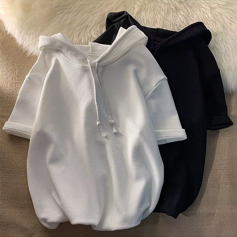 Sweat-shirt à capuche et manches courtes pour hommes, T-shirt à la mode, mi-long, tendance, pour adolescents, nouvelle collection été