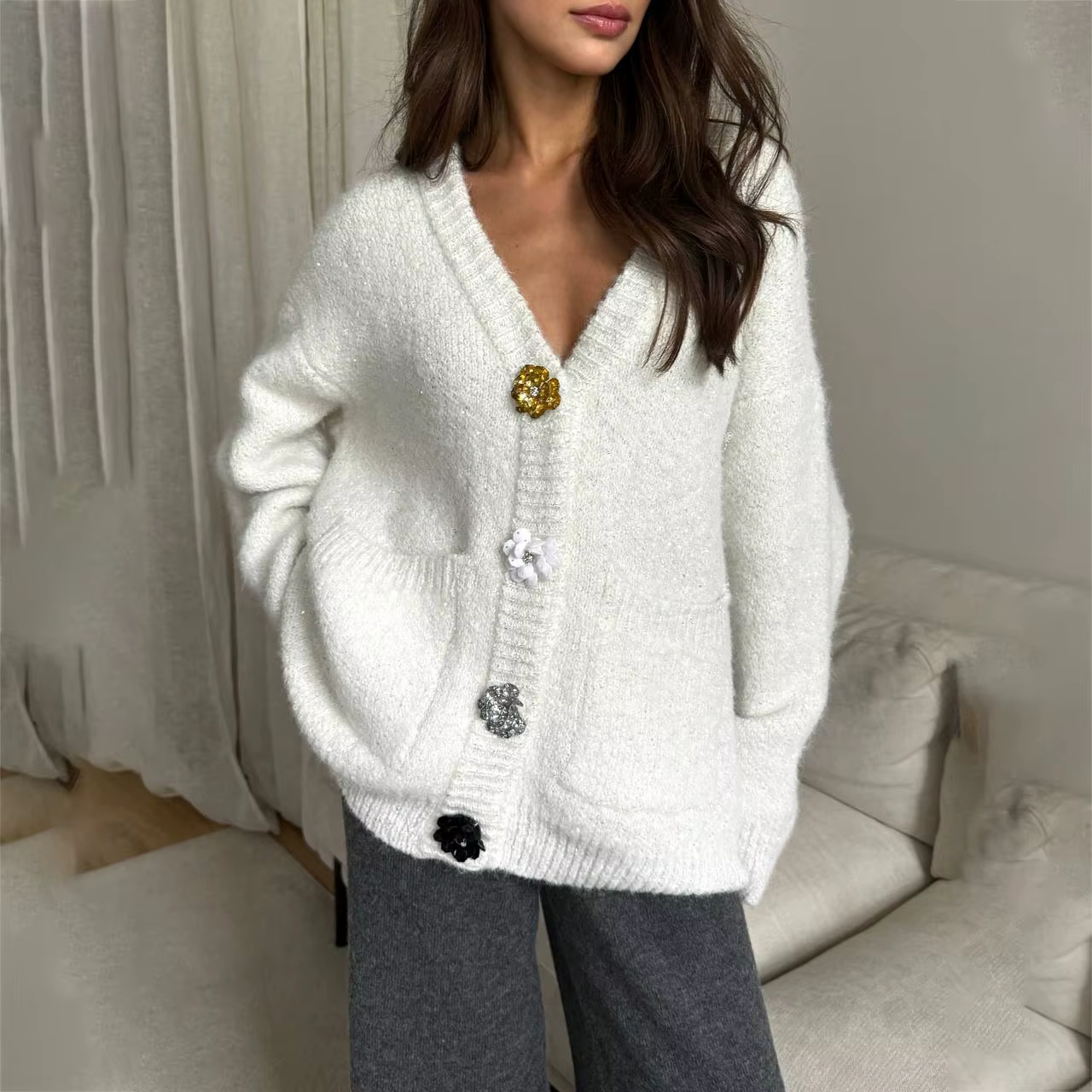 Cardigan à col en v, veste en laine, nouveau design ample, pull avec boucle en métal, printemps et automne