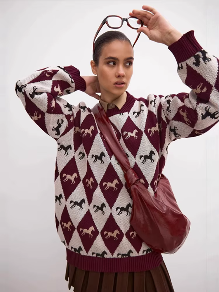 Tricoté imprimé pull femmes à manches longues col rond contraste couleur Patchwork