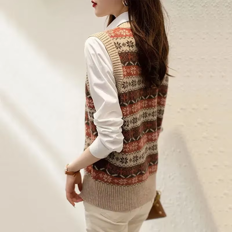 Pull en Tricot Rayé à Col en V pour Femme
