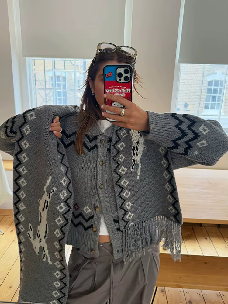 Vintage tricoté imprimé Cardigan manteau femmes Chic décontracté col claudine simple boutonnage pull dame nouveau automne rue tricots