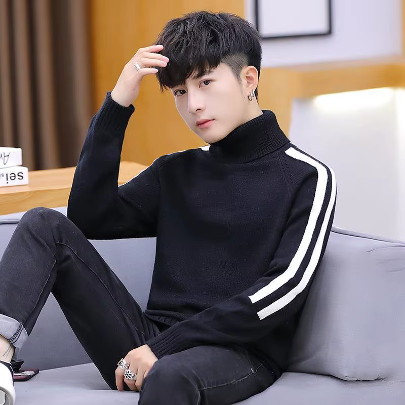 Pull en tricot homme rayé pulls vêtements pour hommes blanc col haut Harajuku décontracté col roulé hauts vieux coréen 2025 automne chaud