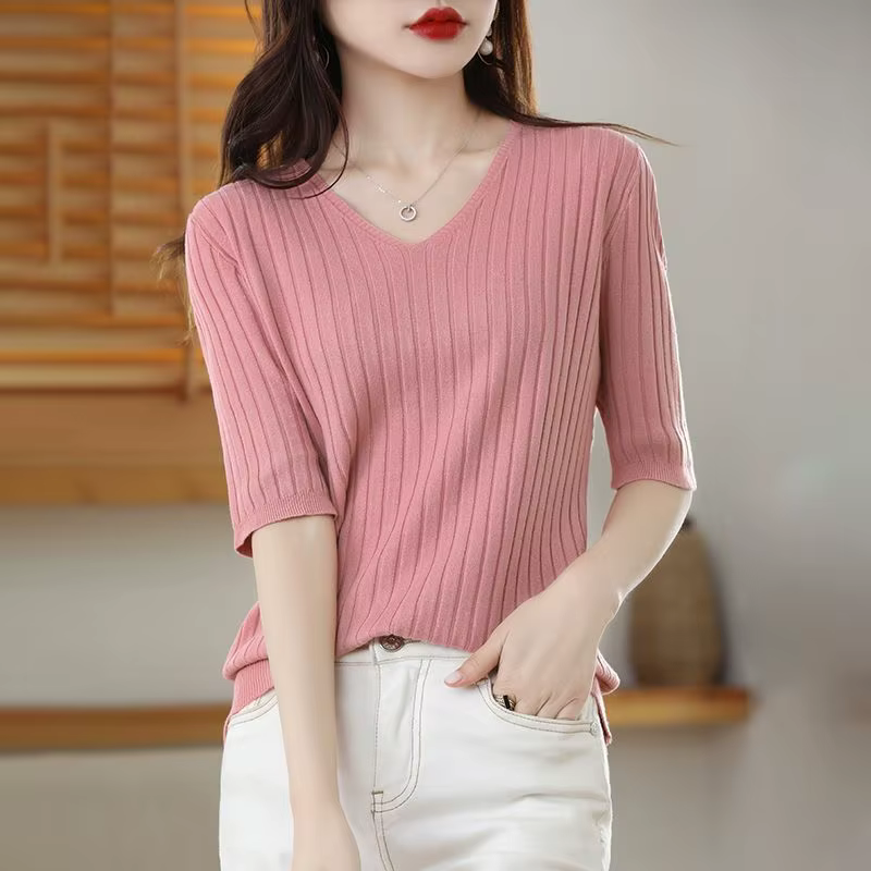 Pull tricoté en cachemire à manches courtes et col en v pour femme