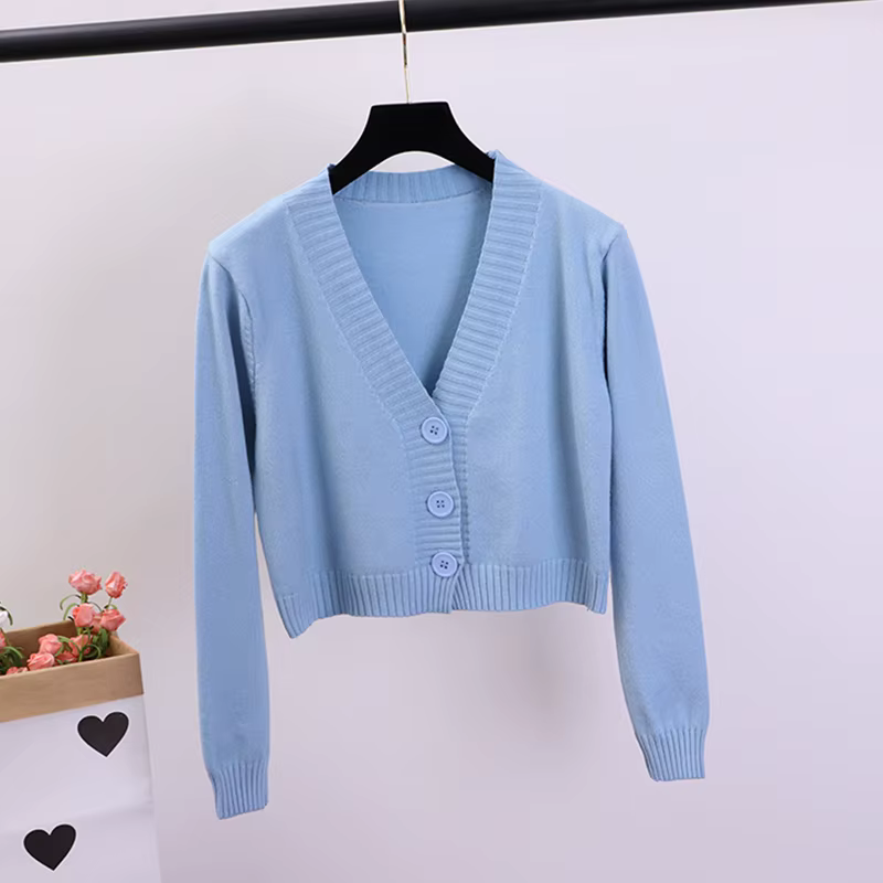Cardigan court à col en V pour femmes, noir, blanc, simple boutonnage, GD153