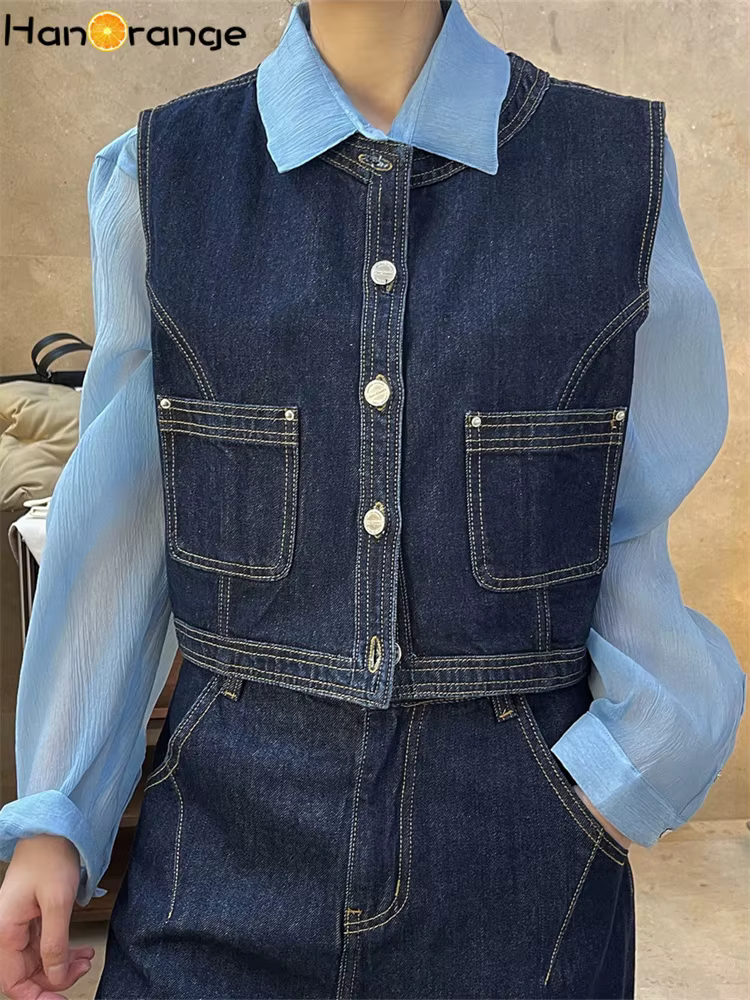 HanOrange 2026 – Nouvelle Collection Printemps : Gilet en Jean Femme Style Cowgirl, Sans Col, Court, Sans Manches, Vêtement Vintage Féminin