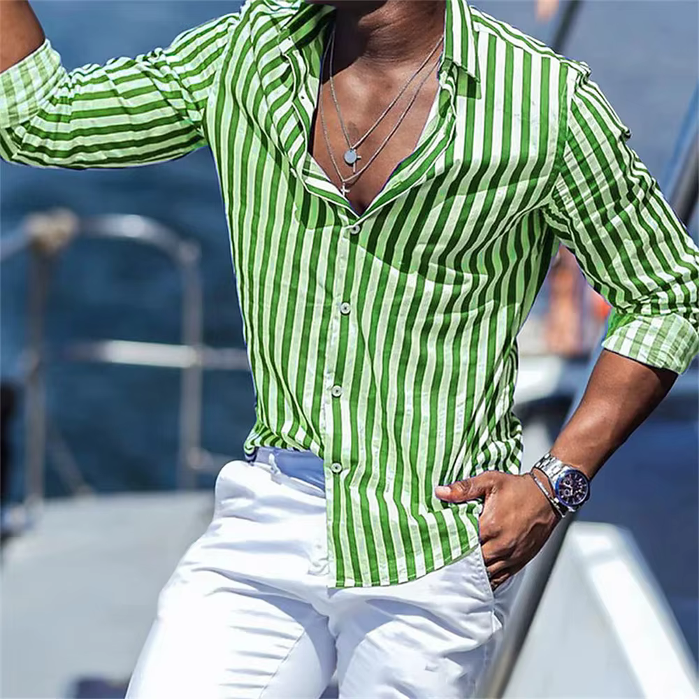 Chemise pour hommes avec lignes imprimées haute définition, col à manches longues pour hommes d'affaires décontractés à la mode, chemise de haute qualité