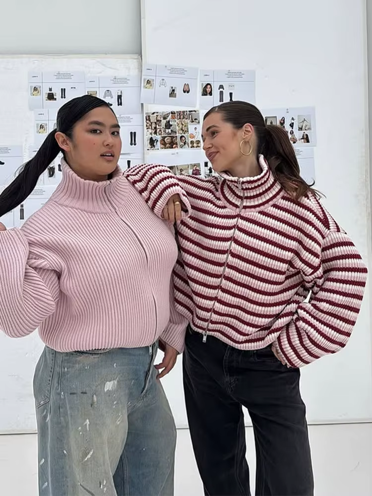 Cardigan en tricot à panneaux avec fermeture éclair pour femmes
