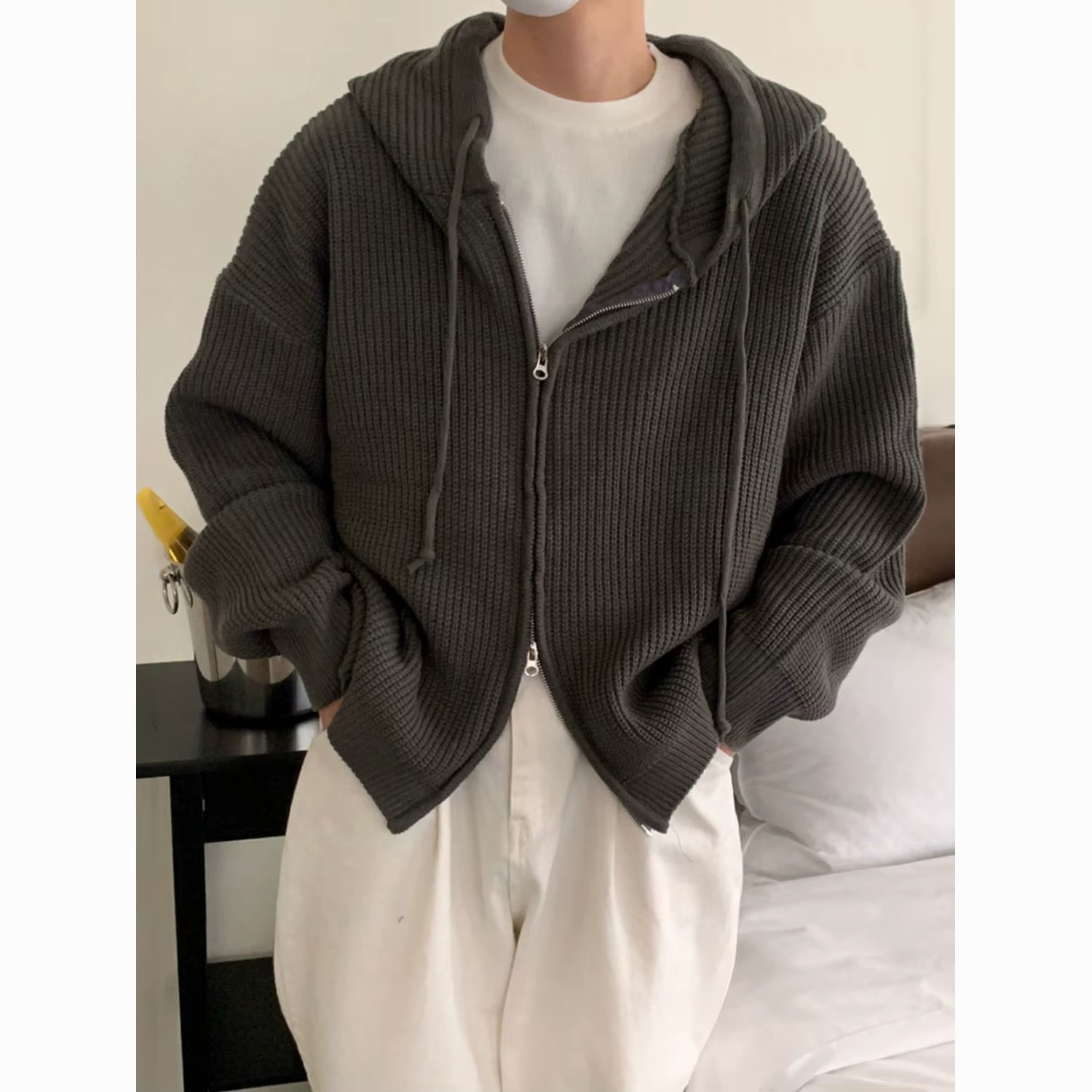 Cardigan à capuche pour homme, automne, polyvalent, décontracté, couleur unie, fermeture éclair