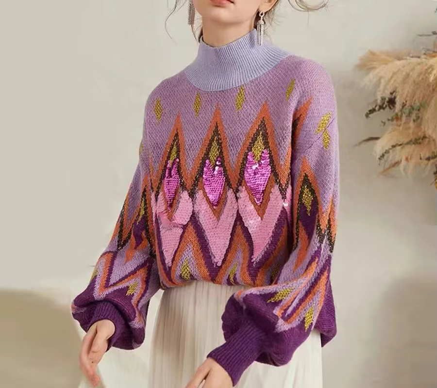 Pull à col roulé brodé à paillettes violettes pour femmes